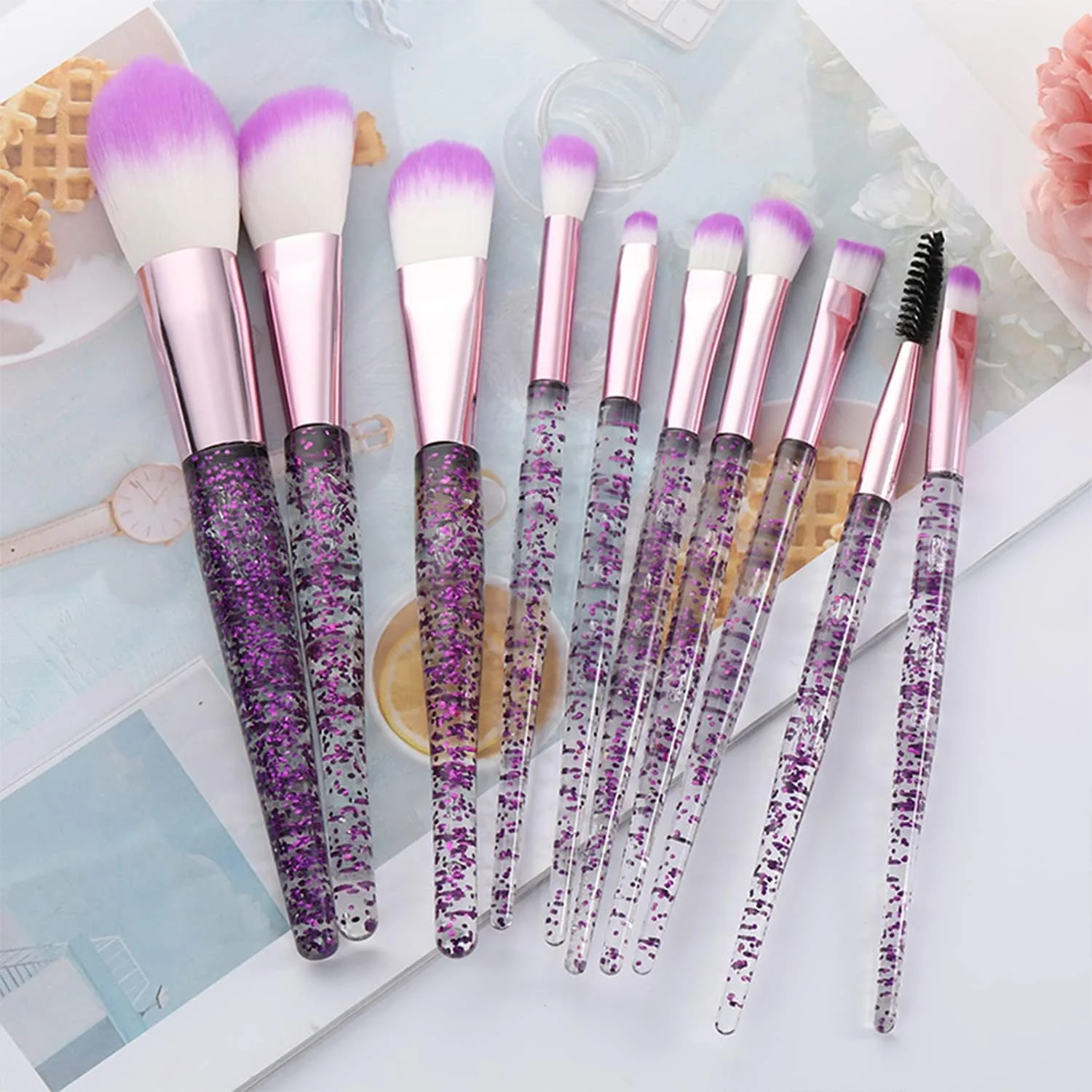 ست براش آرایشی ANROLA، 10 تکه، دسته اکلیلی شیک، براش های آرایشی حرفه ای برای پودر صورت، کرم پودر، ترکیب، رژگونه، سایه چشم، خط چشم، رژ لب، براش لوازم آرایشی با کیف حمل شفاف (بنفش)