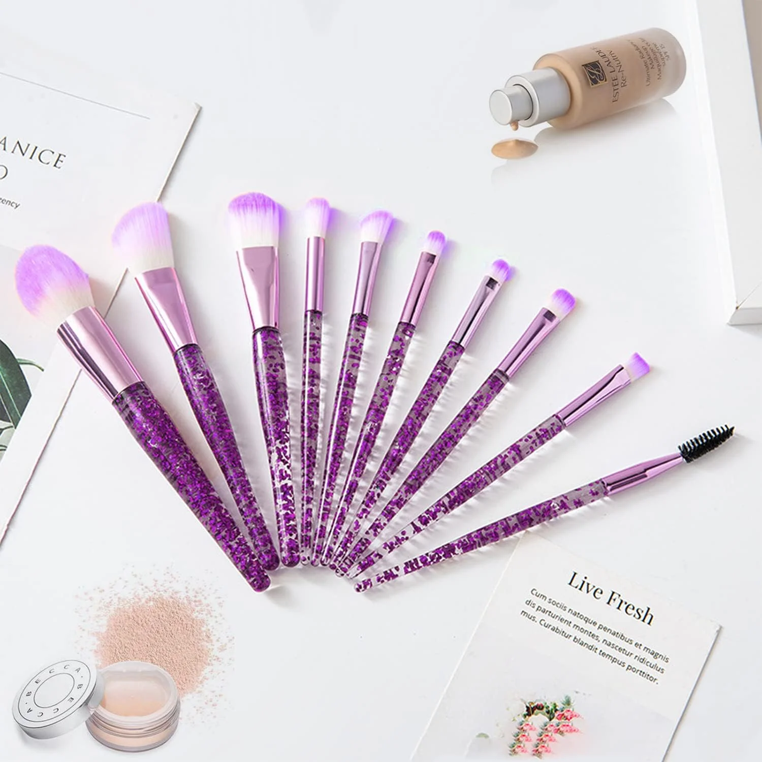 ست براش آرایشی ANROLA، 10 تکه، دسته اکلیلی شیک، براش های آرایشی حرفه ای برای پودر صورت، کرم پودر، ترکیب، رژگونه، سایه چشم، خط چشم، رژ لب، براش لوازم آرایشی با کیف حمل شفاف (بنفش)