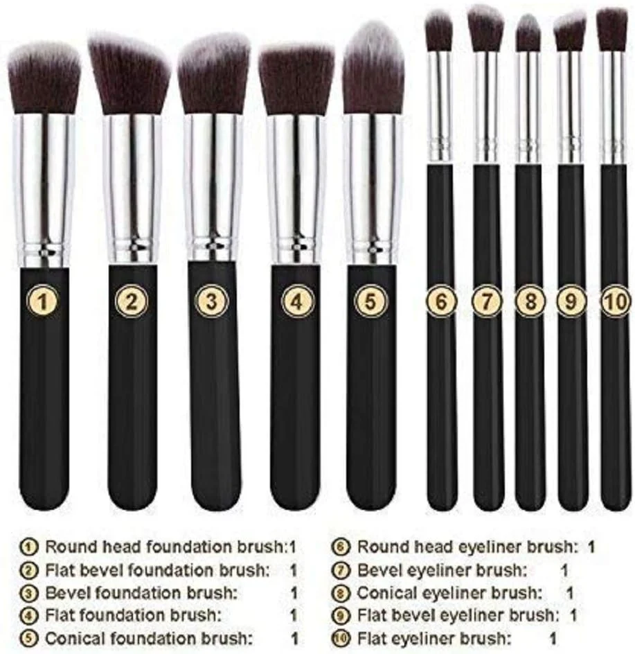 ست برس آرایشی آنجلیک 10 تکه مشکی، ابزار حرفه ای برای کرم پودر، خط چشم، سایه چشم به همراه پد اسفنجی