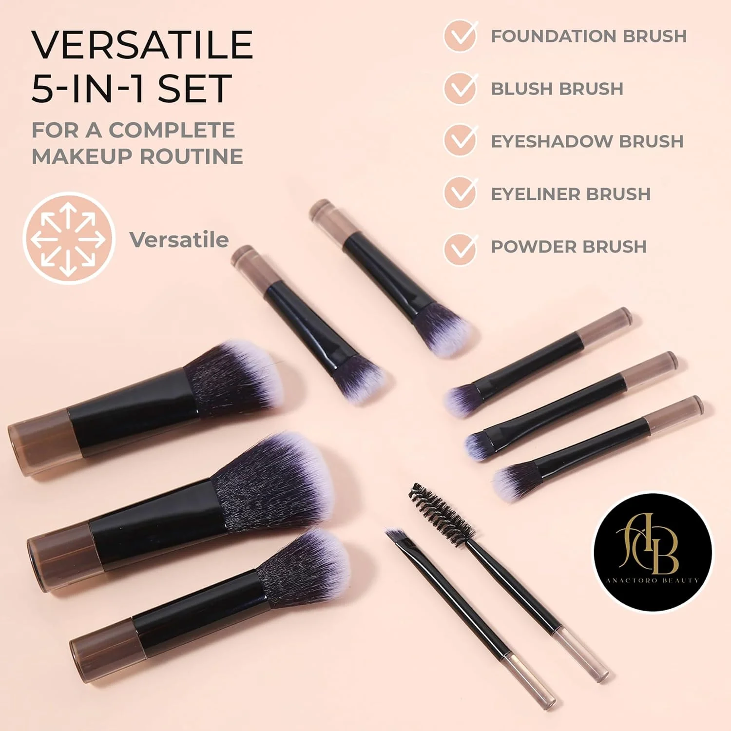 ست برس آرایشی مسافرتی Anactoro، ست 10 برس آرایشی کوچک با حمل آسان، ست آرایشی برای زیبایی - کرم پودر، رژگونه، سایه چشم، خط چشم، پودر، برس های آرایشی کوچک با اندازه کیف پول! مشکی