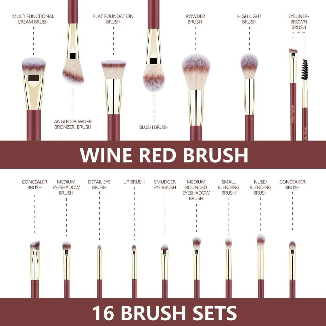 ست برس آرایشی حرفه ای آناکتورو بیوتی، مجموعه 16 عددی برس آرایشی حرفه ای وگان با دسته چوبی مات قرمز طلایی و 2 اسفنج آرایشی، ست برس آرایشی مسافرتی با کیف (قرمز)