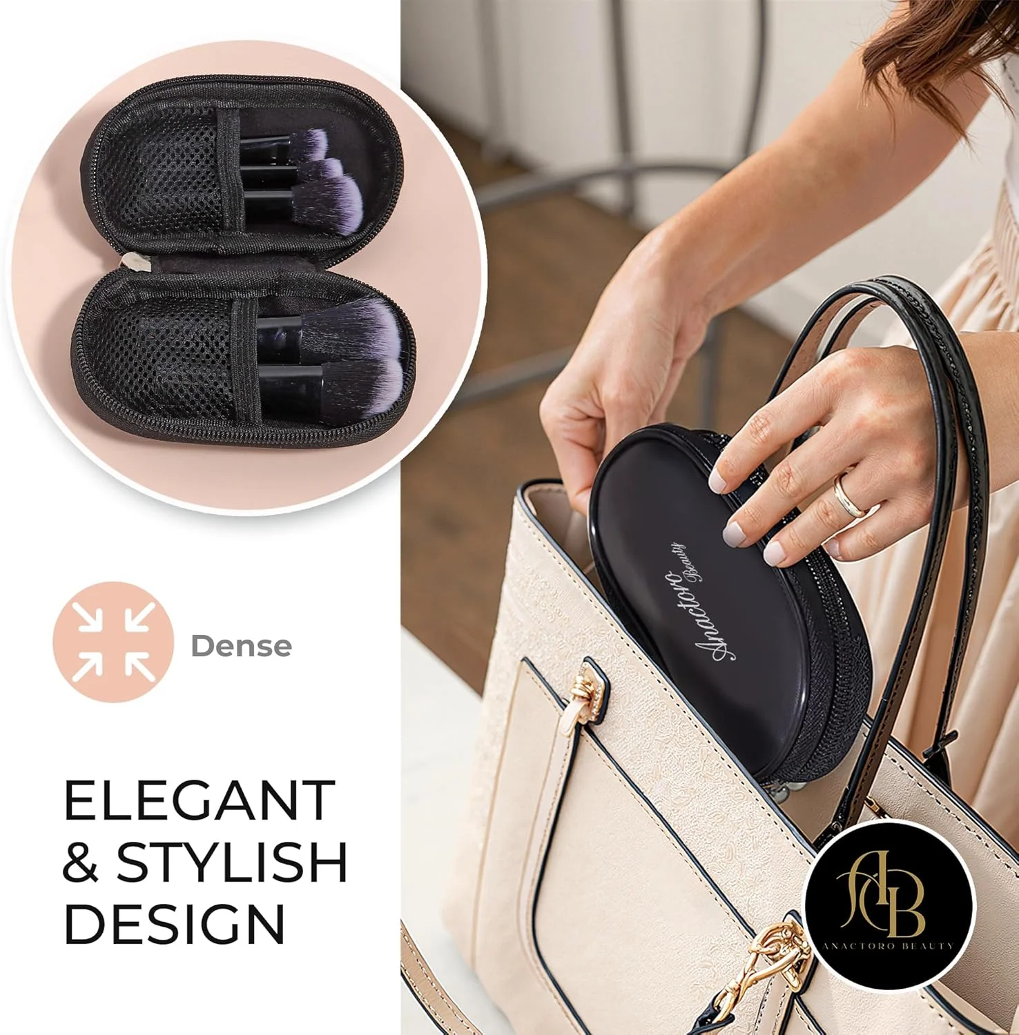 ست برس آرایشی مسافرتی Anactoro، ست 10 برس آرایشی کوچک با حمل آسان، ست آرایشی برای زیبایی - کرم پودر، رژگونه، سایه چشم، خط چشم، پودر، برس های آرایشی کوچک با اندازه کیف پول! مشکی