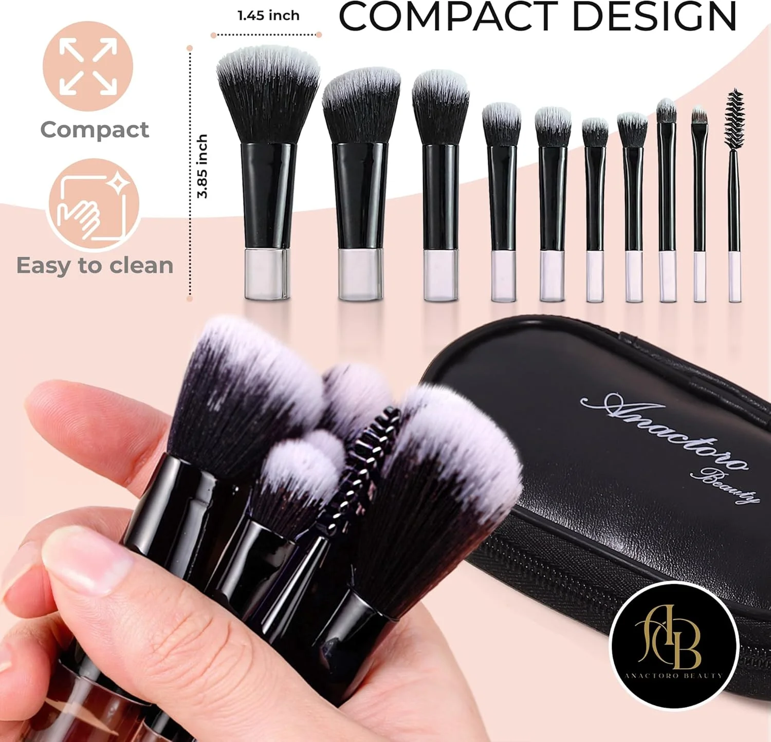ست برس آرایشی مسافرتی Anactoro، ست 10 برس آرایشی کوچک با حمل آسان، ست آرایشی برای زیبایی - کرم پودر، رژگونه، سایه چشم، خط چشم، پودر، برس های آرایشی کوچک با اندازه کیف پول! مشکی