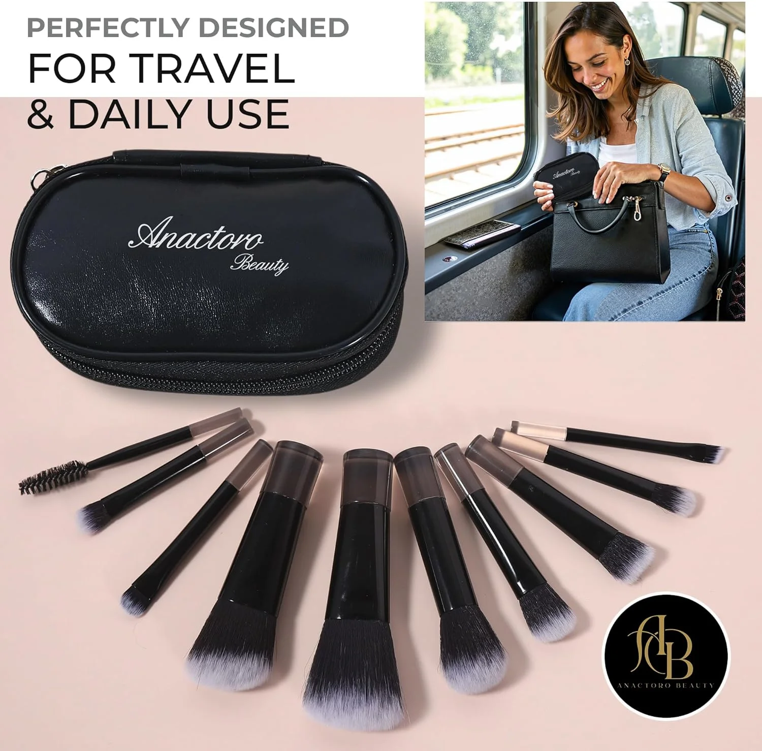 ست برس آرایشی مسافرتی Anactoro، ست 10 برس آرایشی کوچک با حمل آسان، ست آرایشی برای زیبایی - کرم پودر، رژگونه، سایه چشم، خط چشم، پودر، برس های آرایشی کوچک با اندازه کیف پول! مشکی