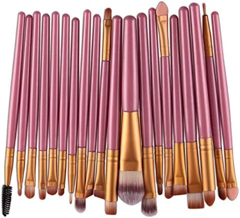 ست برس آرایشی 20 عددی AMIZOB برای سایه چشم، خط چشم، کرم پودر، رژگونه، رژ لب، برس آرایشی پودری، مایع و کرمی (صورتی+طلایی)