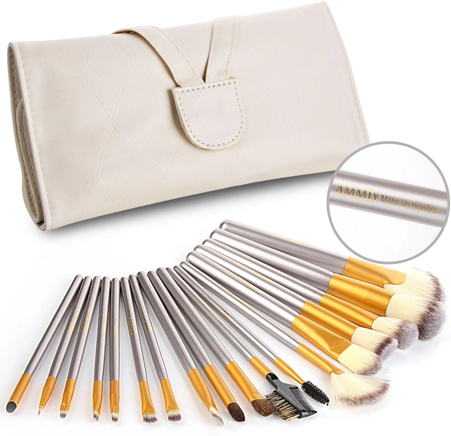 ست برس آرایشی 18 عددی AMMIY، دسته چوبی حرفه ای، موهای مصنوعی ممتاز، برس های کانتور، کانسیلر، کرم پودر، ترکیب کننده، پودر صورت، سایه چشم، برس های آرایشی با کیف چرمی PU (شامپاینی)