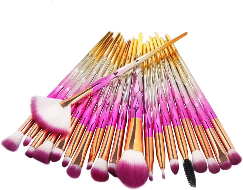 ست برس آرایشی 20 عددی دسته الماسی AMIZOB برای سایه چشم، خط چشم، کرم پودر، رژگونه، رژ لب، برس آرایشی پودر مایع کرم (طلایی صورتی)