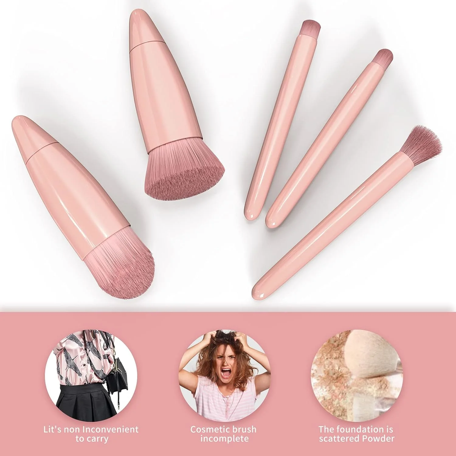 ست 5 عددی براش آرایشی Amerteer، ست براش مسافرتی با قابلیت حمل آسان شامل براش سایه چشم، براش لب، براش صورت، براش ابرو، براش کرم پودر، مناسب برای آرایش روزانه بیرون از خانه