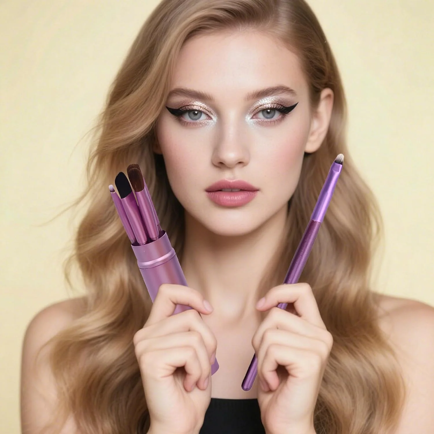 ست براش آرایشی مسافرتی AmiCera، 5 عدد براش سایه چشم، ست براش آرایشی سایه چشم و کانتور بینی با محفظه لوله ای، کوچک و قابل حمل، موهای نرم، ابزار آرایشی حرفه ای، بنفش