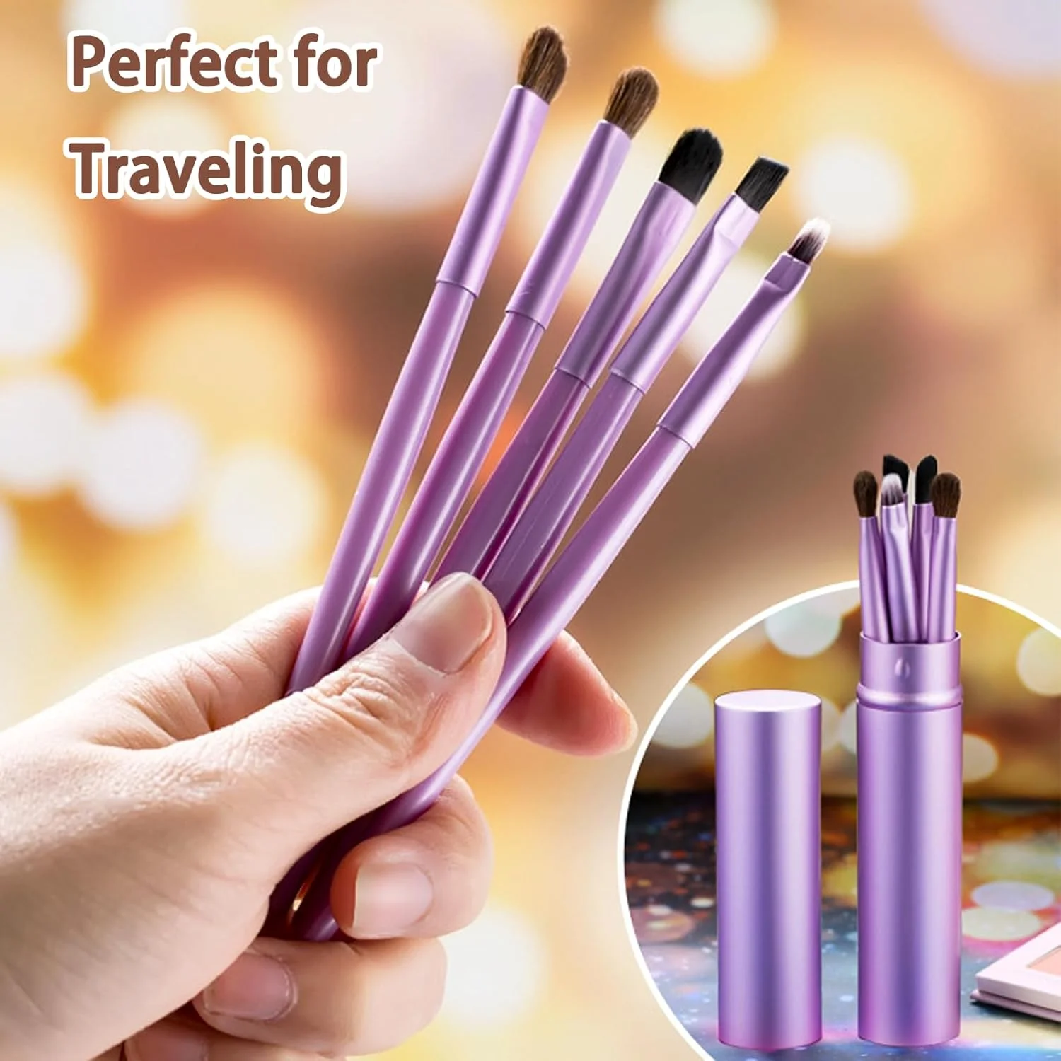 ست براش آرایشی مسافرتی AmiCera، 5 عدد براش سایه چشم، ست براش آرایشی سایه چشم و کانتور بینی با محفظه لوله ای، کوچک و قابل حمل، موهای نرم، ابزار آرایشی حرفه ای، بنفش