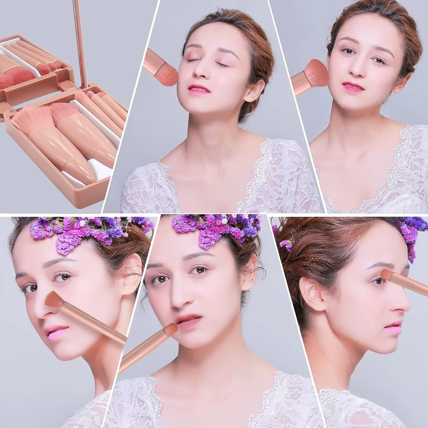 ست 5 عددی براش آرایشی Amerteer، ست براش مسافرتی با قابلیت حمل آسان شامل براش سایه چشم، براش لب، براش صورت، براش ابرو، براش کرم پودر، مناسب برای آرایش روزانه بیرون از خانه