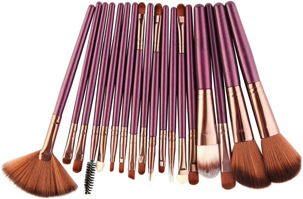 ست برس آرایشی 18 عددی AMIZOB برای سایه چشم، خط چشم، رژگونه صورت، پودر، کرم مایع (بنفش+قهوه ای)