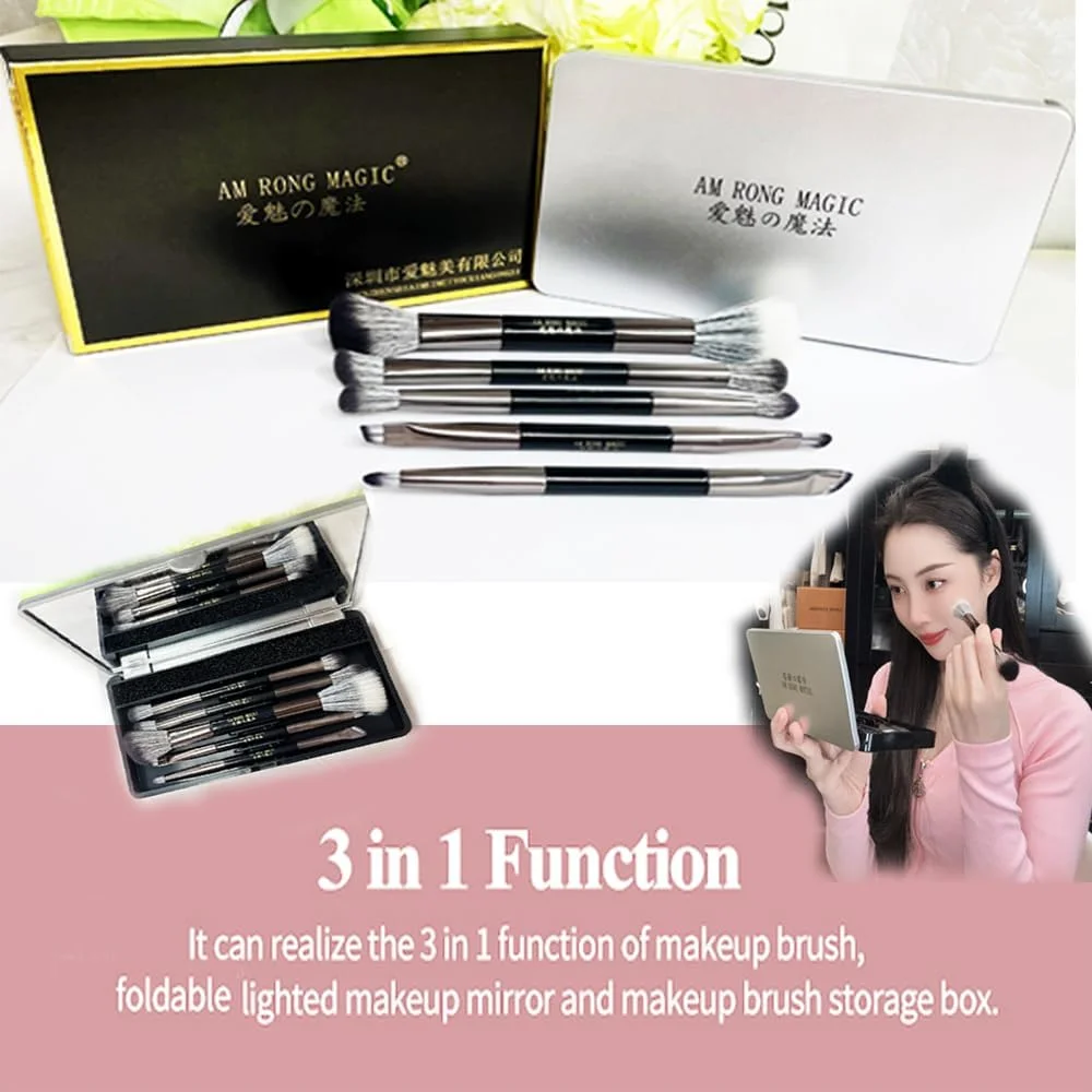 ست برس آرایشی مسافرتی AM RONG MAGIC، شامل برس کرم پودر، پودر، کانسیلر، سایه چشم، به همراه آینه، 5 عدد برس مینی آرایشی (مشکی مایل به خاکستری)