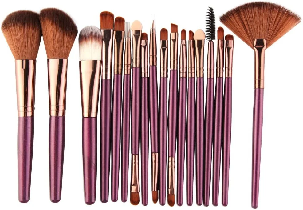 ست برس آرایشی 18 عددی AMIZOB برای سایه چشم، خط چشم، رژگونه صورت، پودر، کرم مایع (بنفش+قهوه ای)