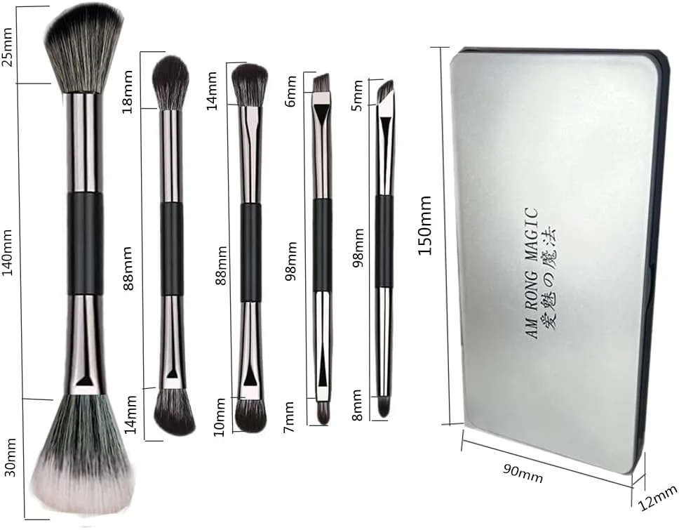 ست برس آرایشی مسافرتی AM RONG MAGIC، شامل برس کرم پودر، پودر، کانسیلر، سایه چشم، به همراه آینه، 5 عدد برس مینی آرایشی (مشکی مایل به خاکستری)