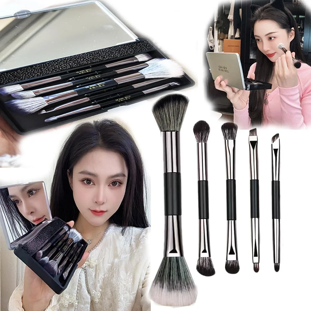 ست برس آرایشی مسافرتی AM RONG MAGIC، شامل برس کرم پودر، پودر، کانسیلر، سایه چشم، به همراه آینه، 5 عدد برس مینی آرایشی (مشکی مایل به خاکستری)