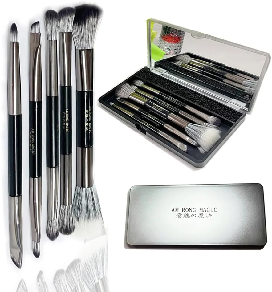 ست برس آرایشی مسافرتی AM RONG MAGIC، شامل برس کرم پودر، پودر، کانسیلر، سایه چشم، به همراه آینه، 5 عدد برس مینی آرایشی (مشکی مایل به خاکستری)