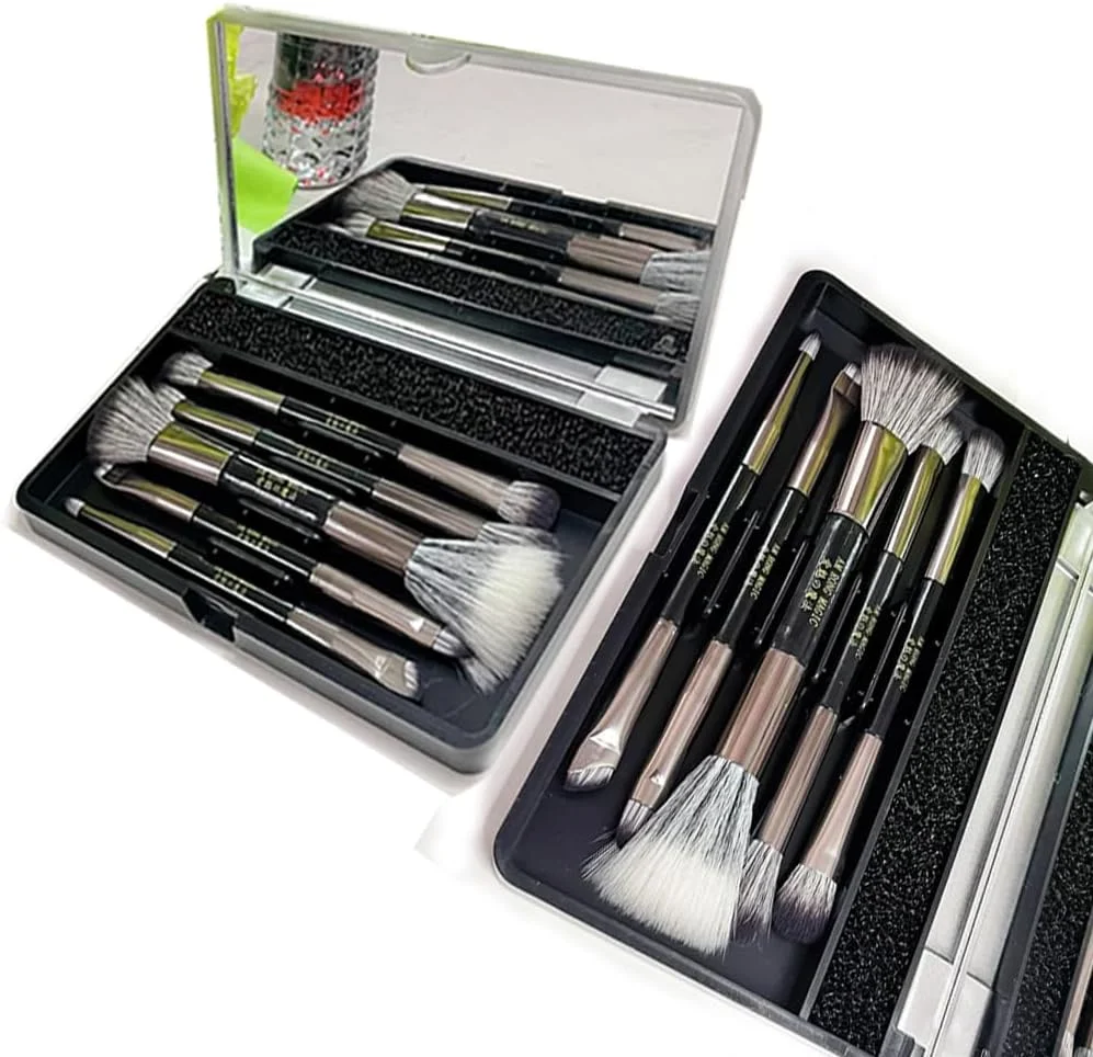 ست برس آرایشی مسافرتی AM RONG MAGIC، شامل برس کرم پودر، پودر، کانسیلر، سایه چشم، به همراه آینه، 5 عدد برس مینی آرایشی (مشکی مایل به خاکستری)