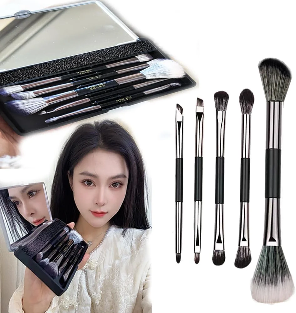 ست برس آرایشی مسافرتی AM RONG MAGIC، شامل برس کرم پودر، پودر، کانسیلر، سایه چشم، به همراه آینه، 5 عدد برس مینی آرایشی (مشکی مایل به خاکستری)