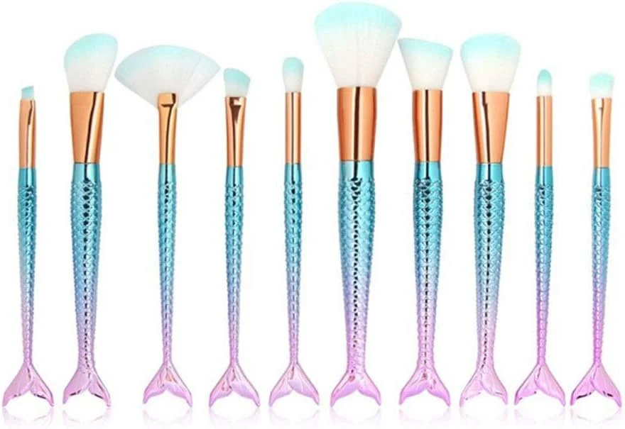 ست برس آرایشی پری دریایی باریک AIJIA شامل 10 عدد برس، ابزار آرایشی، برس کابوکی دم ماهی، پاک کننده، سایه چشم رنگین کمانی، رژگونه، پودر، ست برس صورت (رنگ: گرادیان آبی)