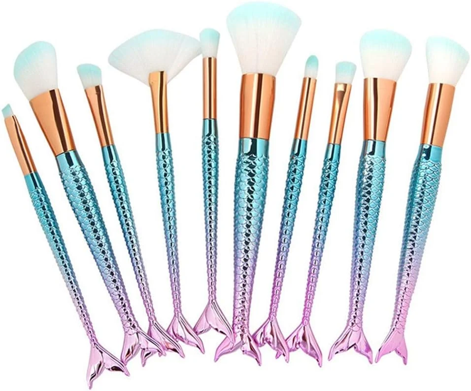 ست برس آرایشی پری دریایی باریک AIJIA شامل 10 عدد برس، ابزار آرایشی، برس کابوکی دم ماهی، پاک کننده، سایه چشم رنگین کمانی، رژگونه، پودر، ست برس صورت (رنگ: گرادیان آبی)