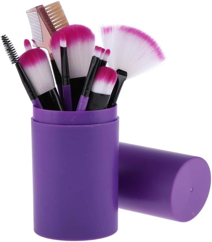 ست براش آرایشی AIJIA، 12 عدد براش با دسته چوبی، ست کامل مبتدی به همراه سطل نگهداری، ابزار آرایشی (رنگ: بنفش)