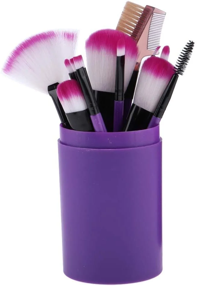 ست براش آرایشی AIJIA، 12 عدد براش با دسته چوبی، ست کامل مبتدی به همراه سطل نگهداری، ابزار آرایشی (رنگ: بنفش)
