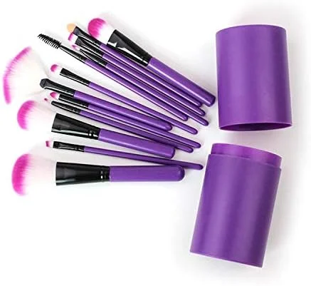 ست براش آرایشی AIJIA، 12 عدد براش با دسته چوبی، ست کامل مبتدی به همراه سطل نگهداری، ابزار آرایشی (رنگ: بنفش)