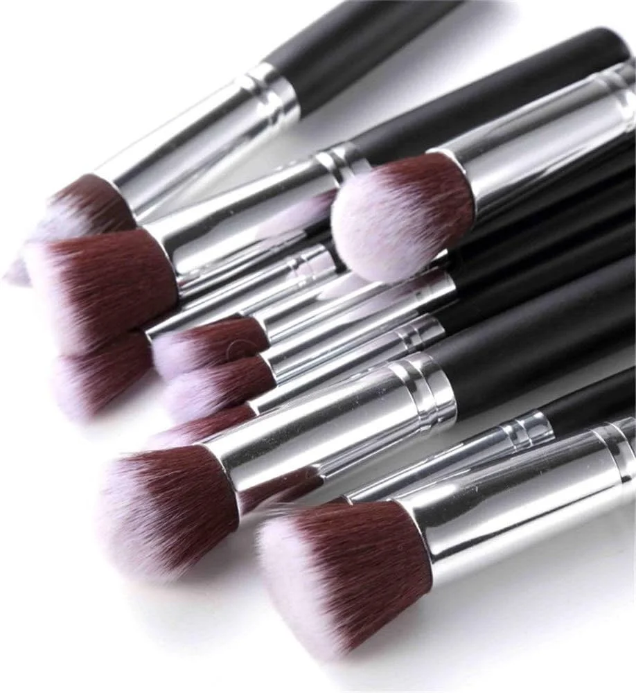 ست برس آرایشی 10 تکه مشکی AIJIA، برس پودر شل پیشرفته، برس سایه چشم، برس کانتور، برس آرایشی (رنگ: مشکی نقره ای)