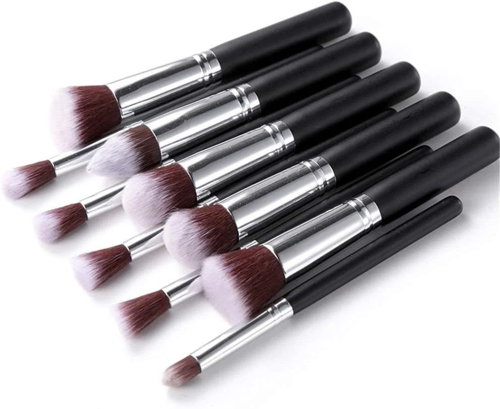 ست برس آرایشی 10 تکه مشکی AIJIA، برس پودر شل پیشرفته، برس سایه چشم، برس کانتور، برس آرایشی (رنگ: مشکی نقره ای)