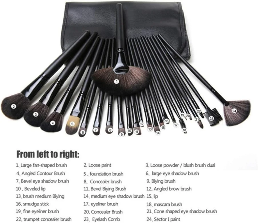ست براش آرایشی نفیس AIJIA، 24 تکه براش آرایشی پیشرفته مصنوعی برای کرم پودر، رژگونه، کانسیلر، سایه چشم، بالم لب، کیف آرایشی (رنگ: مشکی)