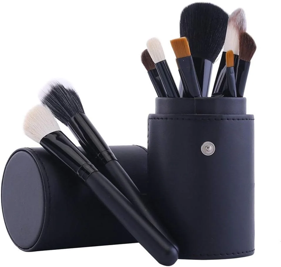 ست 12 عددی برس آرایشی AIJIA Fine با کیف چرمی قابل حمل و سر نایلونی، برس آرایشی مشکی (رنگ: مشکی)