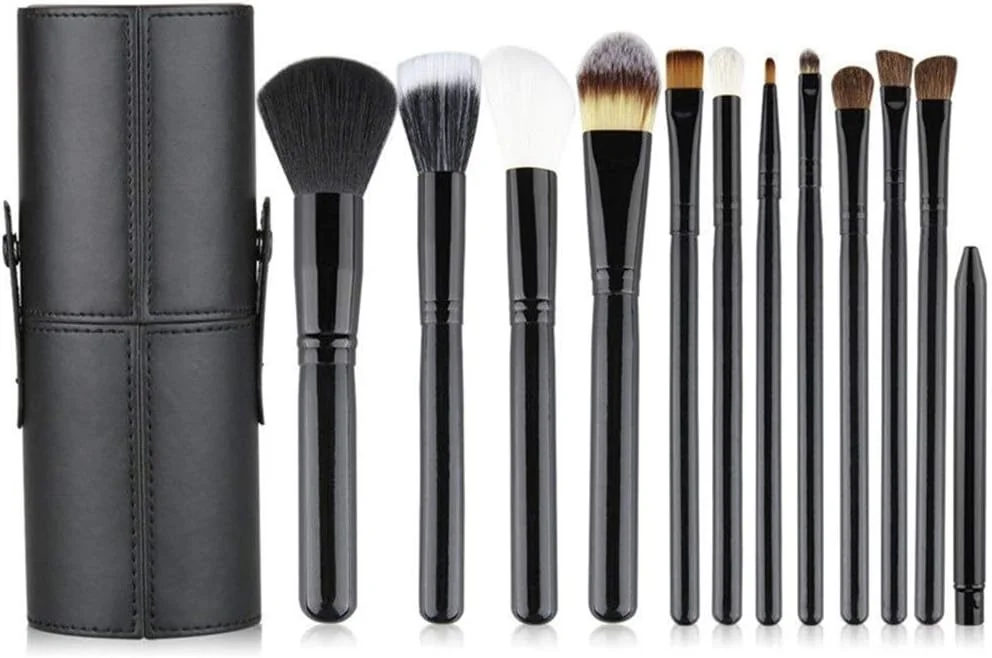 ست 12 عددی برس آرایشی AIJIA Fine با کیف چرمی قابل حمل و سر نایلونی، برس آرایشی مشکی (رنگ: مشکی)