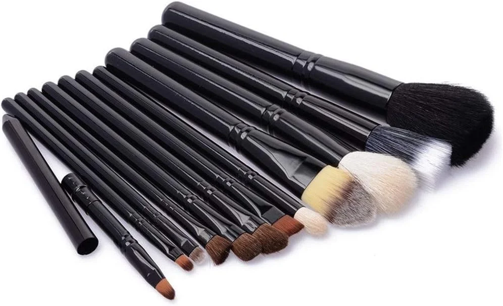 ست 12 عددی برس آرایشی AIJIA Fine با کیف چرمی قابل حمل و سر نایلونی، برس آرایشی مشکی (رنگ: مشکی)