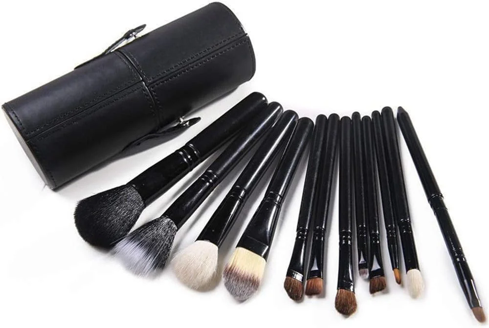 ست 12 عددی برس آرایشی AIJIA Fine با کیف چرمی قابل حمل و سر نایلونی، برس آرایشی مشکی (رنگ: مشکی)