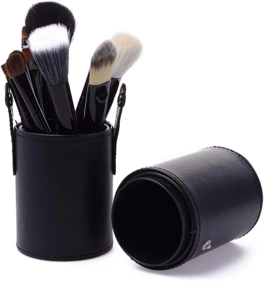 ست 12 عددی برس آرایشی AIJIA Fine با کیف چرمی قابل حمل و سر نایلونی، برس آرایشی مشکی (رنگ: مشکی)