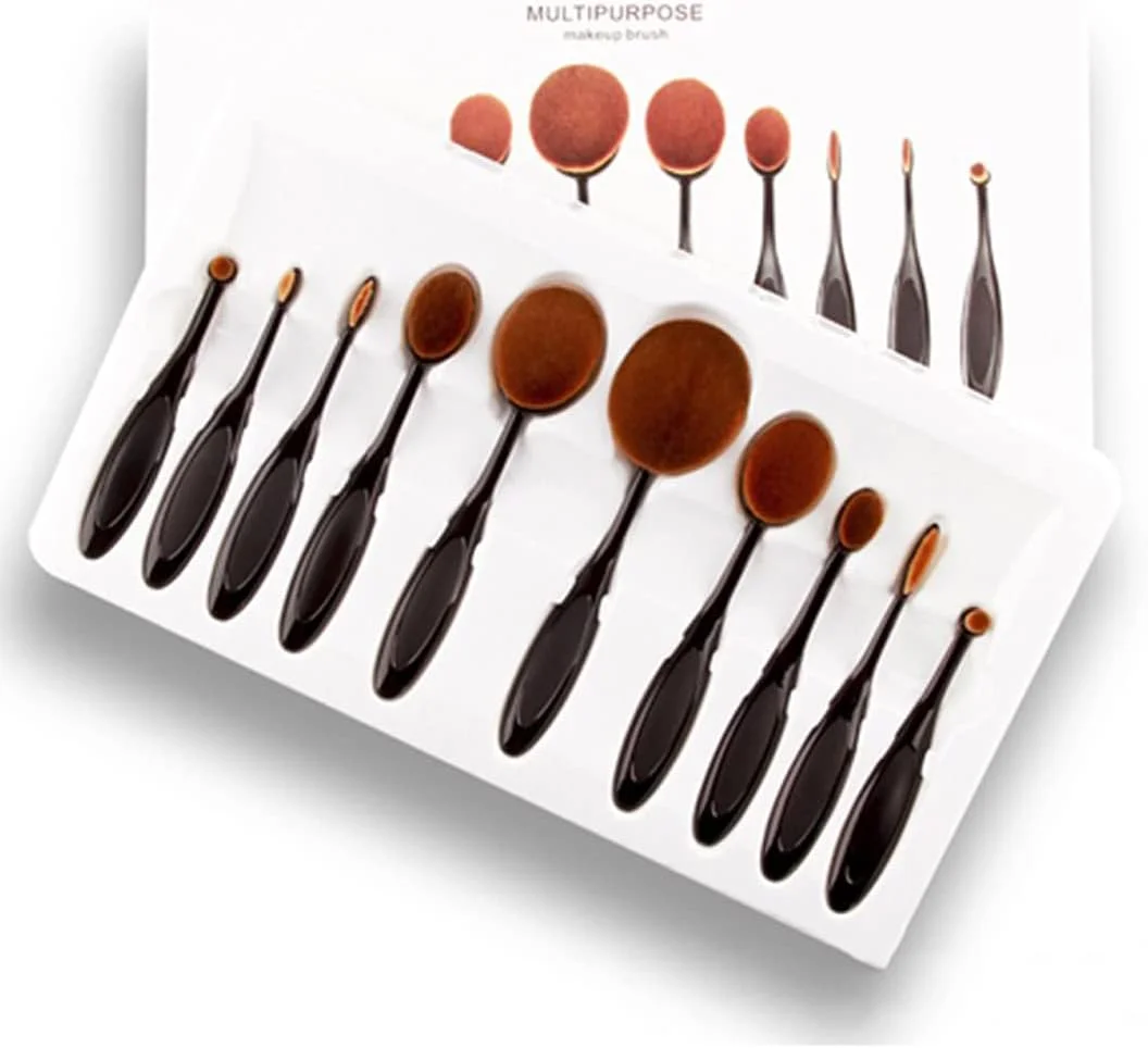 ست برس آرایشی بیضی شکل 10 تکه Adbeni، برس های حرفه ای برای کرم پودر، کانسیلر، ترکیب، رژگونه، پودر مایع، ابزار آرایشی (بسته 10 عددی، مشکی)