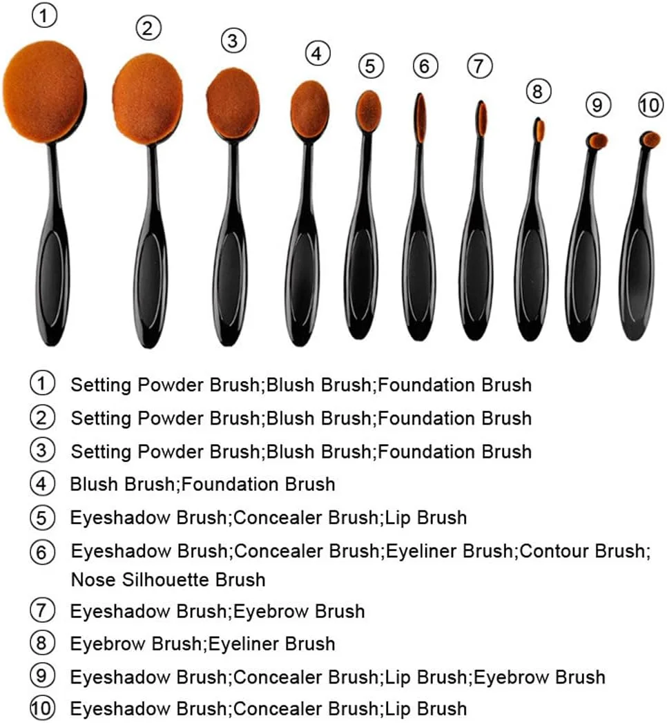 ست برس آرایشی بیضی شکل 10 تکه Adbeni، برس های حرفه ای برای کرم پودر، کانسیلر، ترکیب، رژگونه، پودر مایع، ابزار آرایشی (بسته 10 عددی، مشکی)