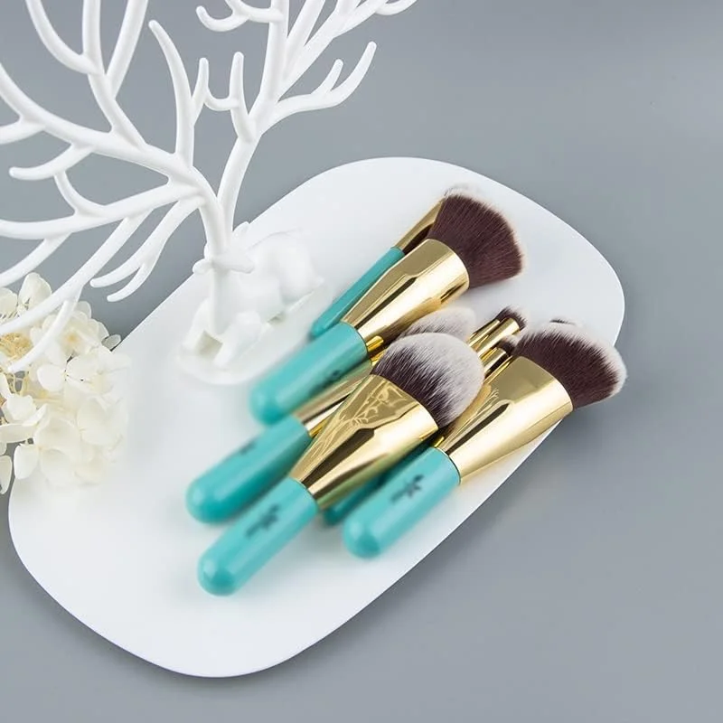 ست برس آرایشی 9 تکه مسافرتی برند برس مجموعه برس های آرایشی حرفه ای رنگ آبی و طلایی برس کابوکی مد روز