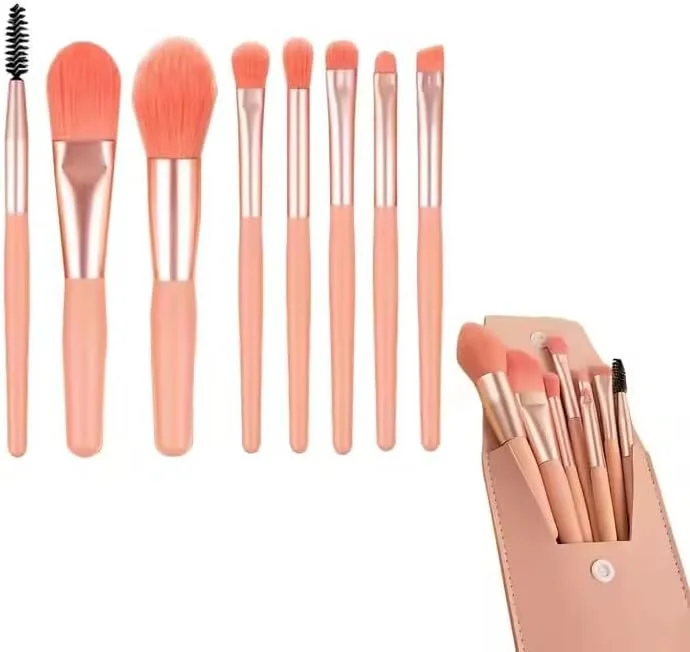 ست 8 عددی برس آرایشی قابل حمل سایه چشم، کرم پودر، رژگونه، سایه چشم، مژه، برس مینی