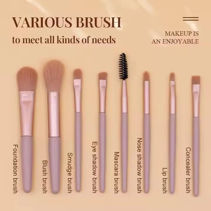 ست 8 عددی برس آرایشی قابل حمل سایه چشم، کرم پودر، رژگونه، سایه چشم، مژه، برس مینی