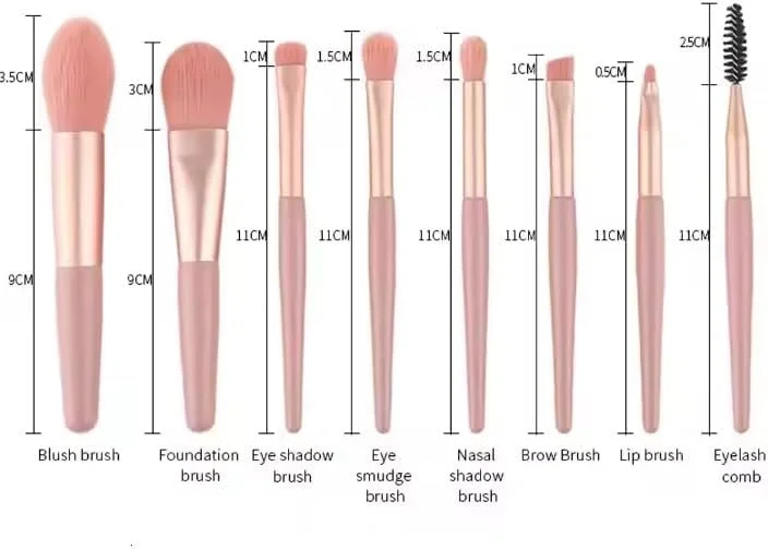 ست 8 عددی برس آرایشی قابل حمل سایه چشم، کرم پودر، رژگونه، سایه چشم، مژه، برس مینی