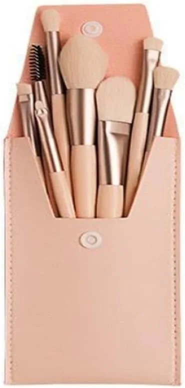 ست 8 تکه برس آرایشی با کیف چرمی مصنوعی، دسته چوبی و آلومینیومی برای کرم پودر، پودر، رژگونه و سایه چشم ست 8 تکه برس آرایشی با کیف چرمی مصنوعی، دسته چوبی و آلومینیومی برای کرم پودر، پودر، رژگونه و سایه چشم