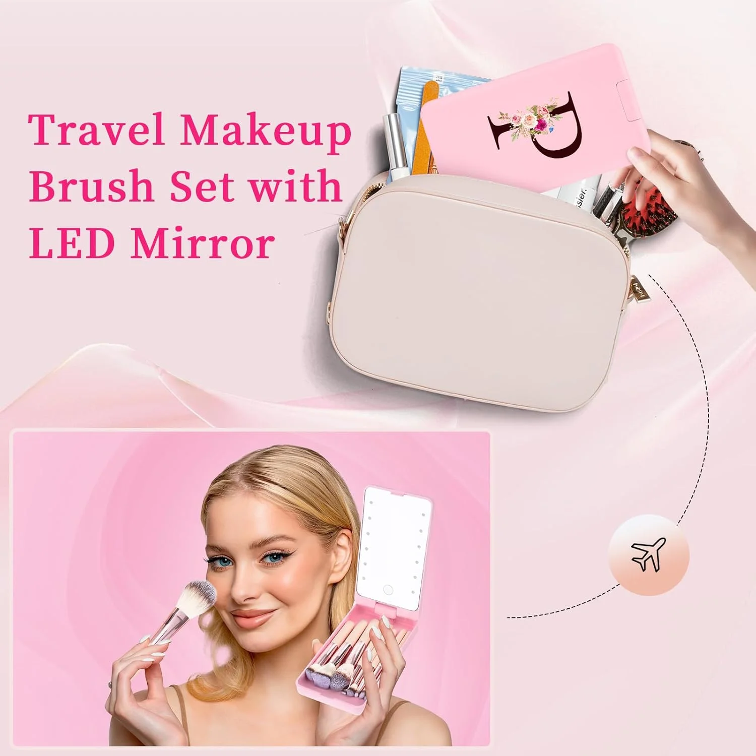 ست برس آرایشی مسافرتی 8 تکه با آینه LED، لوازم جمع و جور و شیک، هدیه های شخصی سازی شده با حروف اول اسم، ایده هدیه برای دختران نوجوان و زنان جوان (صورتی، P)