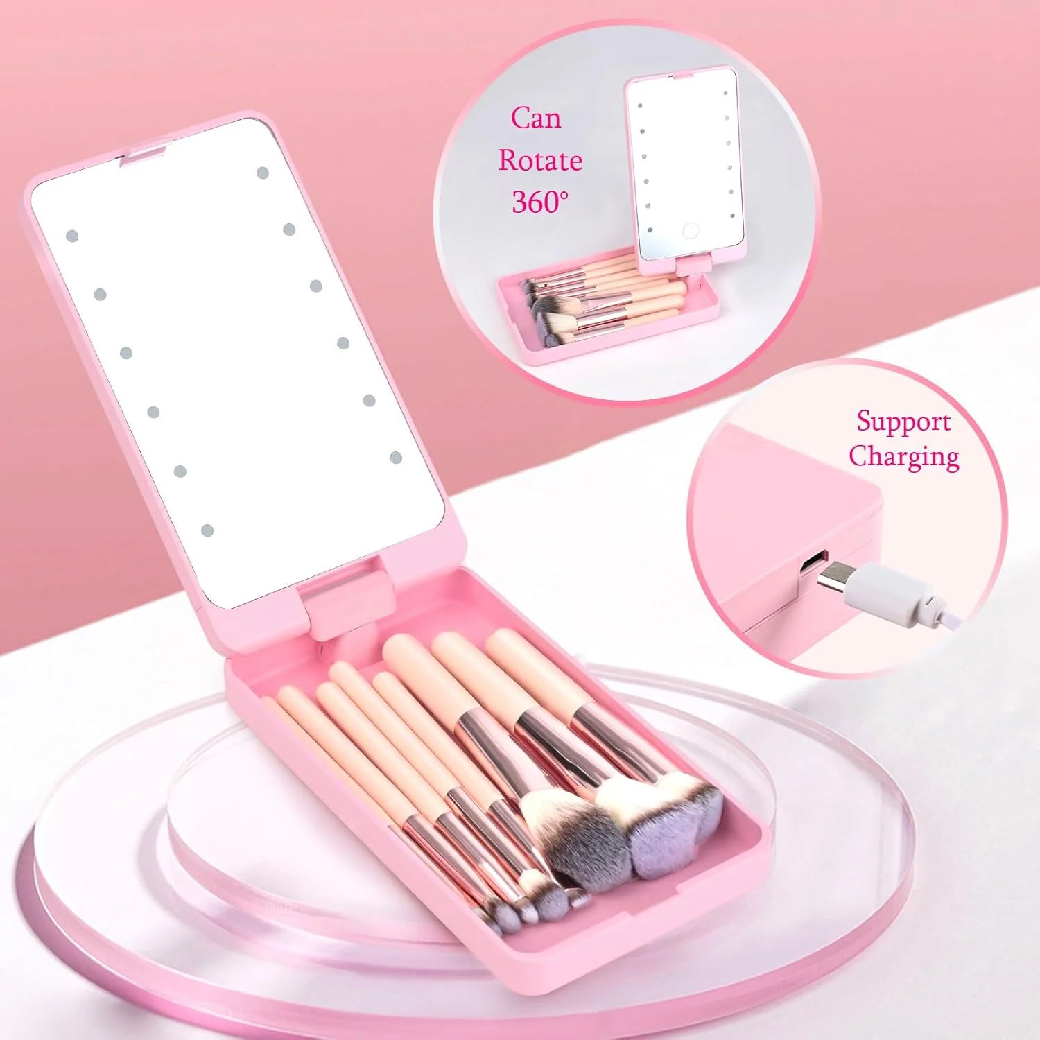 ست برس آرایشی مسافرتی 8 تکه با آینه LED، لوازم جمع و جور و شیک، هدیه های شخصی سازی شده با حروف اول اسم، ایده هدیه برای دختران نوجوان و زنان جوان (صورتی، P)