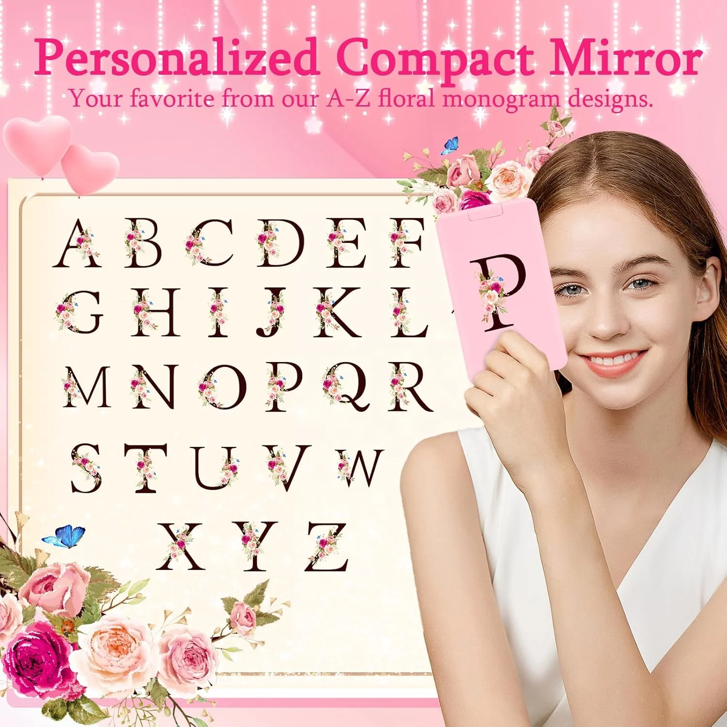 ست برس آرایشی مسافرتی 8 تکه با آینه LED، لوازم جمع و جور و شیک، هدیه های شخصی سازی شده با حروف اول اسم، ایده هدیه برای دختران نوجوان و زنان جوان (صورتی، P)