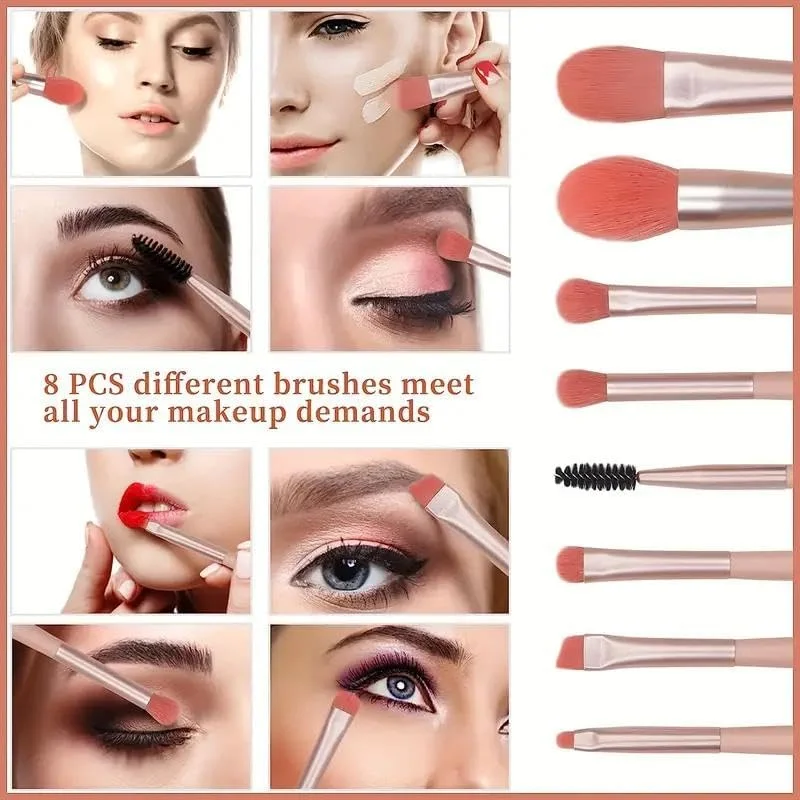 ست 8 عددی برس آرایشی بژ، شامل برس های کرم پودر، رژگونه، سایه چشم و لب به همراه کیف آرایشی، سایز کوچک و مناسب برای حمل آسان در سفر و مهمانی