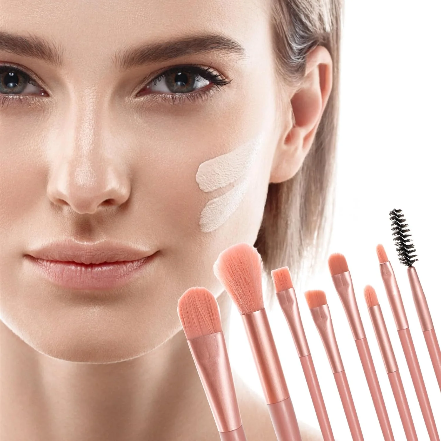 ست ۸ تکه برس آرایشی شامل برس های کرم پودر، رژگونه، کانتور، سایه چشم، ابرو و لب به همراه کیف مسافرتی برای آرایش کامل صورت و چشم - رنگ مرجانی زنده