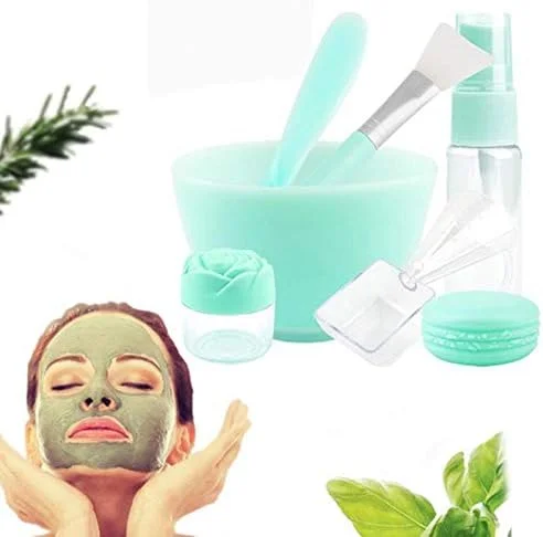 ست 7 تکه ابزار ماسک صورت DIY شامل برس، قاشق، کاسه و چوب، ست برس و کاسه مخلوط کردن ماسک صورت، ابزار مخلوط کردن ماسک مراقبت از پوست صورت بانوان، سبز