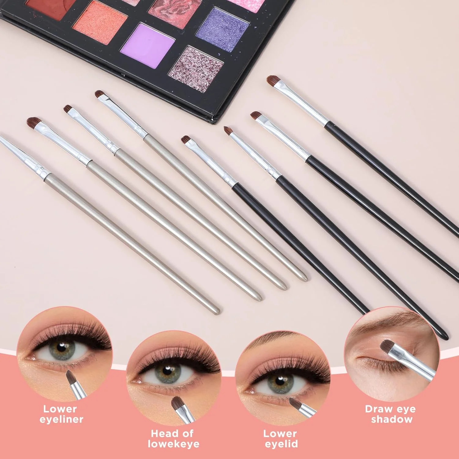 ست 8 عددی براش مینی اسمudge برای خط چشم، ست براش آرایش چشم، ابزار پخش کننده خط چشم، براش سایه چشم برای پودر، ژل، کرم، ابزار آرایشی حرفه ای زیبایی